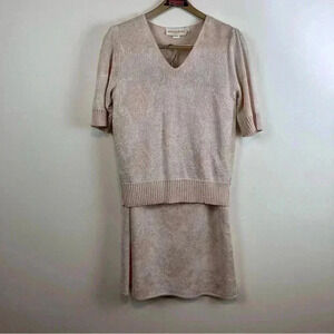 Vtg 80s Vivanti 12 Sweater Set Pink Knit Puff Sleeve Top Pencil Skirt USA Union